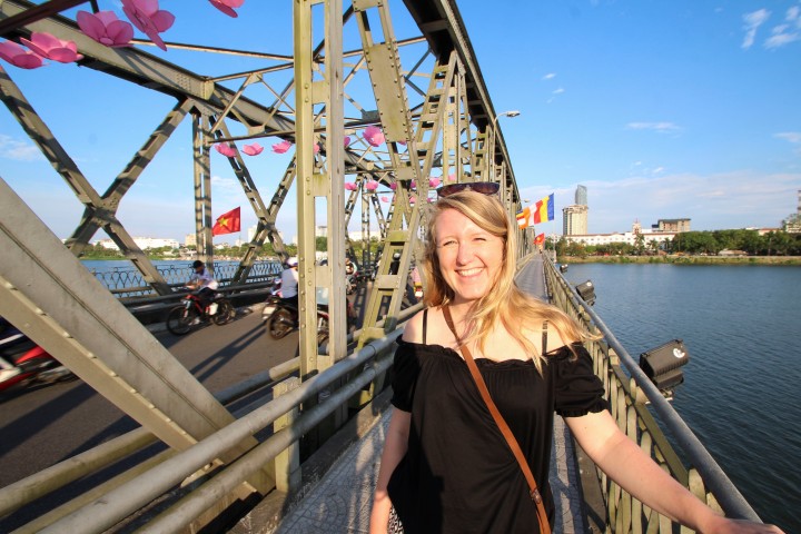 Nicola on the bridge over the Perfume River, Hue, Vietnam